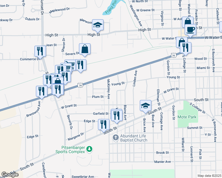 map of restaurants, bars, coffee shops, grocery stores, and more near 231 McKinley Avenue in Piqua