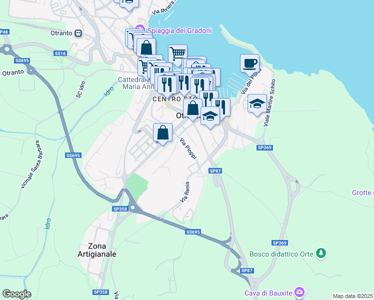 map of restaurants, bars, coffee shops, grocery stores, and more near 33 Via Pioppi in Otranto
