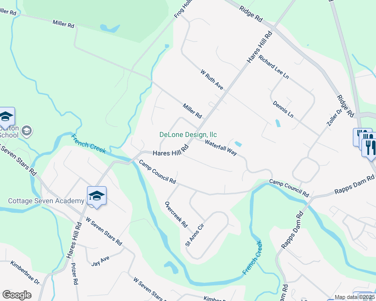 map of restaurants, bars, coffee shops, grocery stores, and more near 1099 Hares Hill Road in Phoenixville