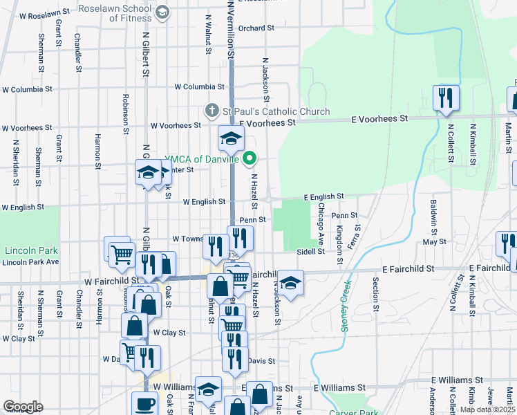 map of restaurants, bars, coffee shops, grocery stores, and more near 1009 North Hazel Street in Danville