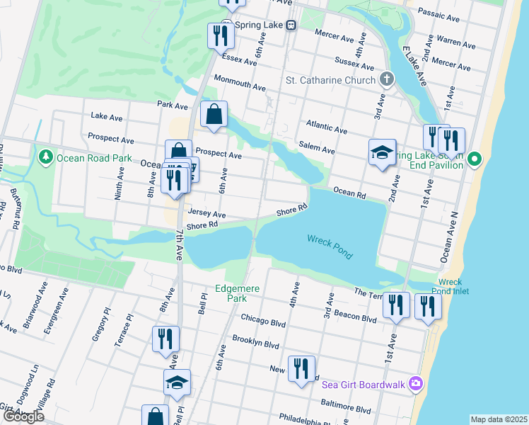 map of restaurants, bars, coffee shops, grocery stores, and more near 420 Shore Road in Spring Lake
