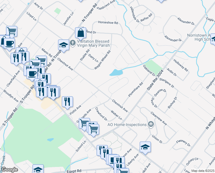 map of restaurants, bars, coffee shops, grocery stores, and more near 130 Markley Farm Circle in Norristown