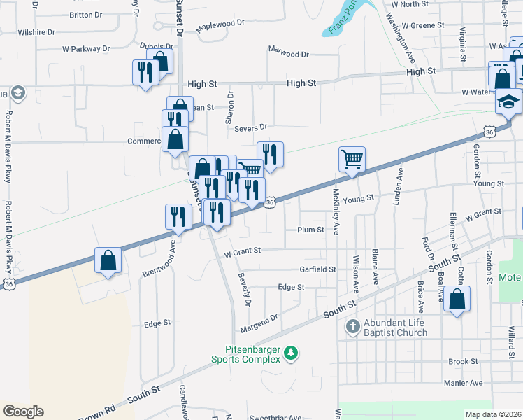 map of restaurants, bars, coffee shops, grocery stores, and more near 1417 Covington Avenue in Piqua
