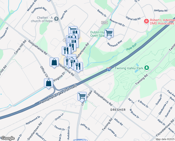 map of restaurants, bars, coffee shops, grocery stores, and more near 816 Dresher Woods Drive in Dresher