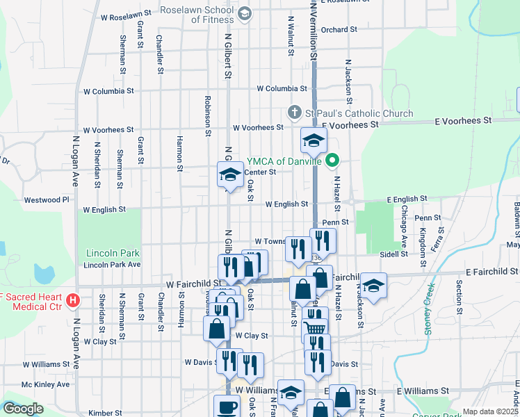map of restaurants, bars, coffee shops, grocery stores, and more near 1017 North Franklin Street in Danville