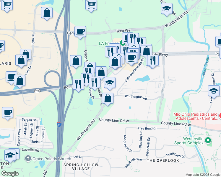 map of restaurants, bars, coffee shops, grocery stores, and more near 8692 Olde Worthington Road in Westerville