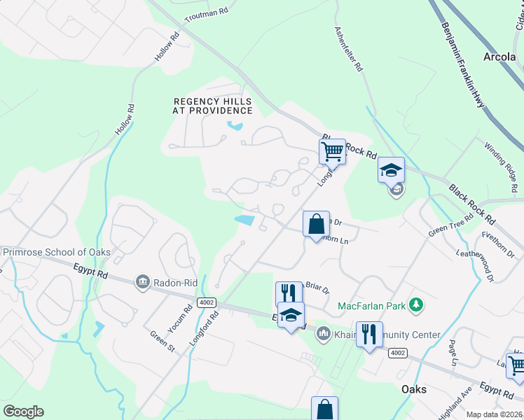 map of restaurants, bars, coffee shops, grocery stores, and more near 52 Sheffield Court in Collegeville
