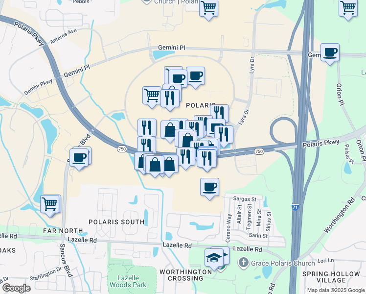 map of restaurants, bars, coffee shops, grocery stores, and more near 1368 Polaris Parkway in Columbus