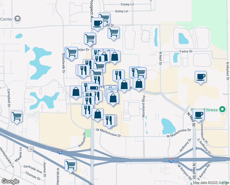 map of restaurants, bars, coffee shops, grocery stores, and more near 2102 North Prospect Avenue in Champaign