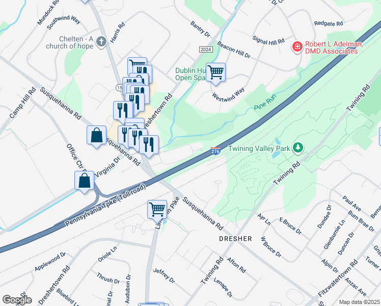 map of restaurants, bars, coffee shops, grocery stores, and more near 513 Dresher Woods Drive in Dresher