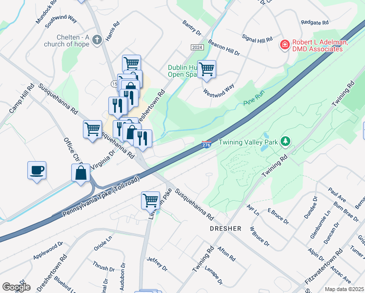 map of restaurants, bars, coffee shops, grocery stores, and more near 513 Dresher Woods Drive in Dresher
