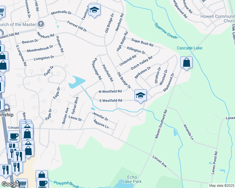 map of restaurants, bars, coffee shops, grocery stores, and more near 11 North Westfield Road in Howell
