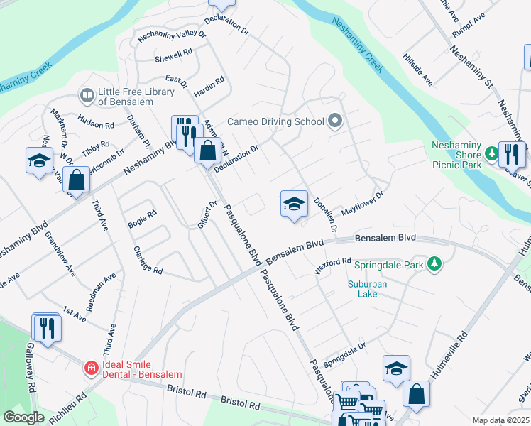 map of restaurants, bars, coffee shops, grocery stores, and more near 3267 Independence Court in Bensalem
