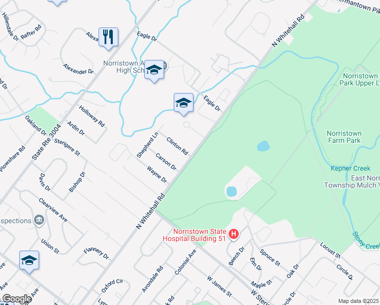 map of restaurants, bars, coffee shops, grocery stores, and more near 301 North Whitehall Road in Eagleville