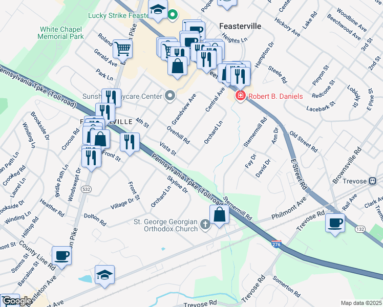 map of restaurants, bars, coffee shops, grocery stores, and more near 308 Orchard Lane in Feasterville-Trevose