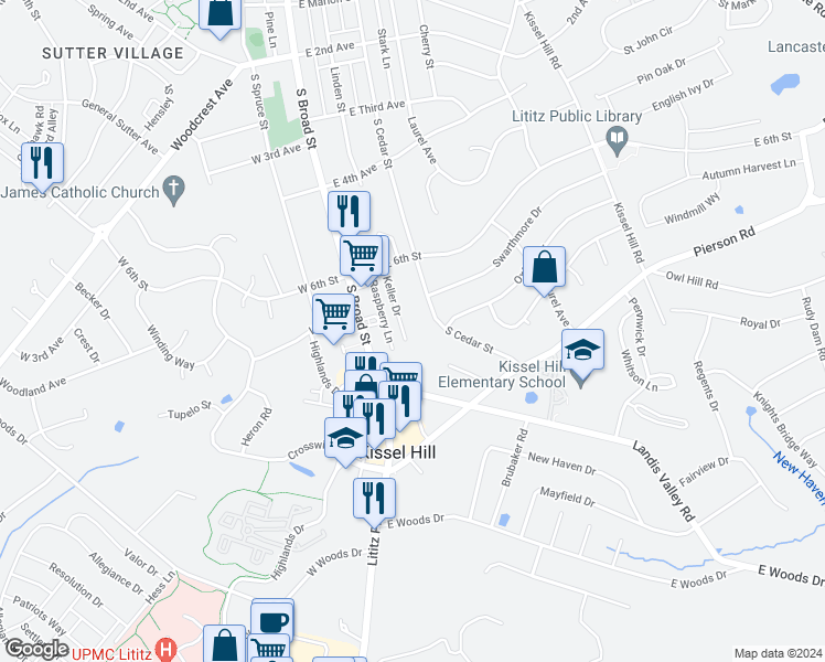 map of restaurants, bars, coffee shops, grocery stores, and more near 787 Keller Drive in Lititz