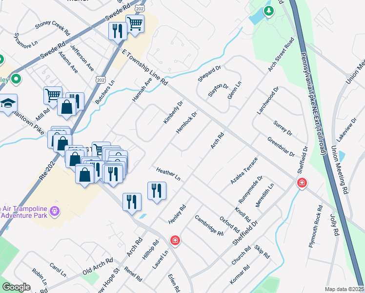 map of restaurants, bars, coffee shops, grocery stores, and more near 3009 Oak Drive in Norristown