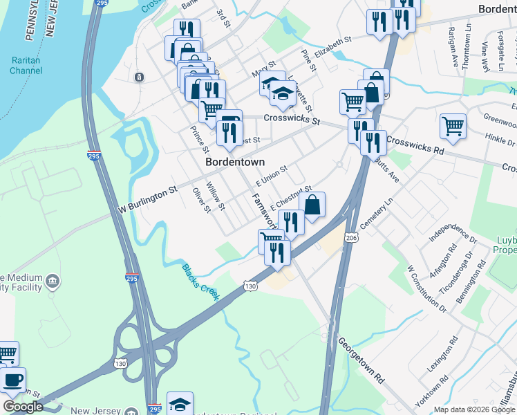 map of restaurants, bars, coffee shops, grocery stores, and more near 512 Farnsworth Avenue in Bordentown
