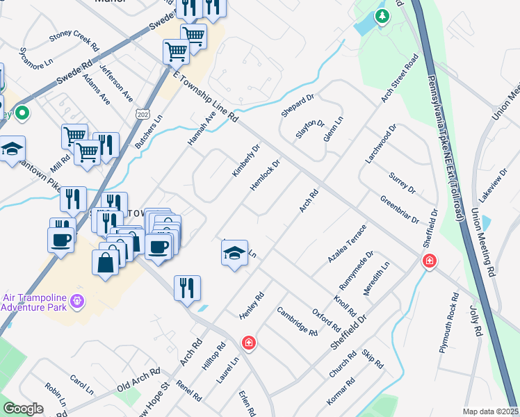 map of restaurants, bars, coffee shops, grocery stores, and more near 3009 Oak Drive in Norristown
