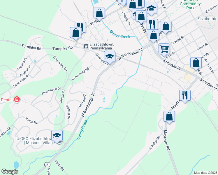 map of restaurants, bars, coffee shops, grocery stores, and more near 50 Beech Lane in Elizabethtown