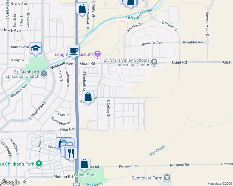map of restaurants, bars, coffee shops, grocery stores, and more near 1330 Country Court in Longmont