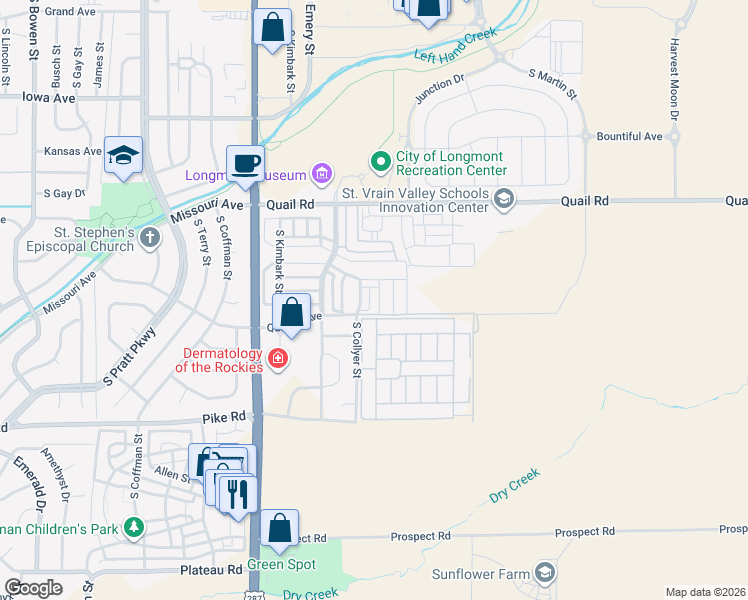 map of restaurants, bars, coffee shops, grocery stores, and more near 1330 Country Court in Longmont
