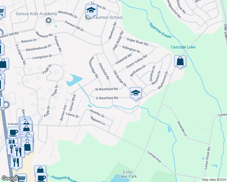 map of restaurants, bars, coffee shops, grocery stores, and more near 11 North Westfield Road in Howell