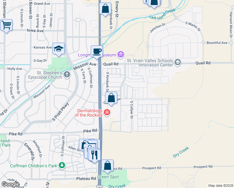 map of restaurants, bars, coffee shops, grocery stores, and more near 431 Ridge Avenue in Longmont
