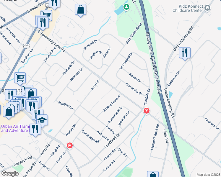 map of restaurants, bars, coffee shops, grocery stores, and more near 3021 Oakwood Drive in Plymouth Meeting