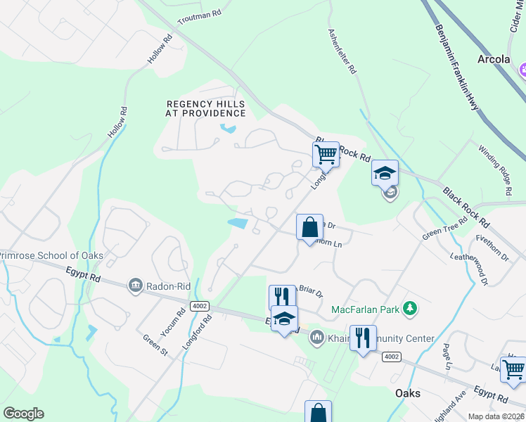 map of restaurants, bars, coffee shops, grocery stores, and more near 52 Sheffield Court in Collegeville