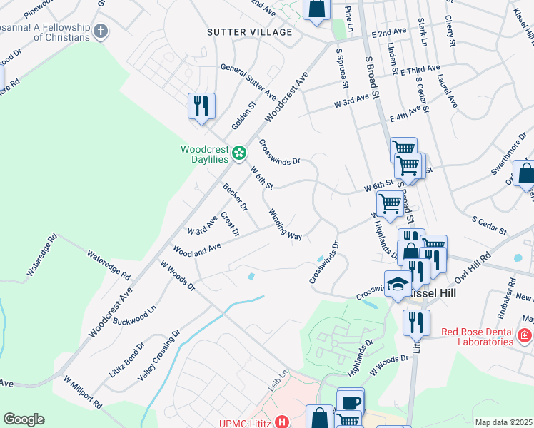 map of restaurants, bars, coffee shops, grocery stores, and more near 51 Winding Way in Lititz