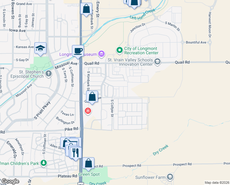 map of restaurants, bars, coffee shops, grocery stores, and more near 1318 South Collyer Street in Longmont