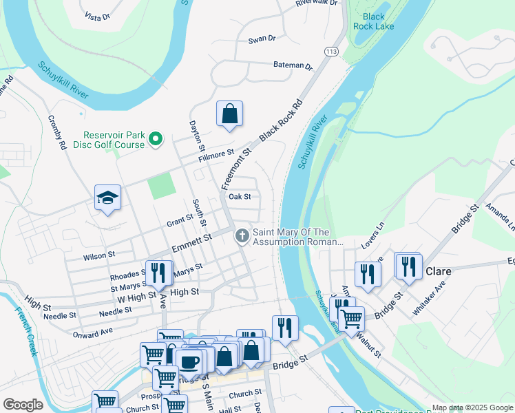 map of restaurants, bars, coffee shops, grocery stores, and more near 21 Grant Street in Phoenixville