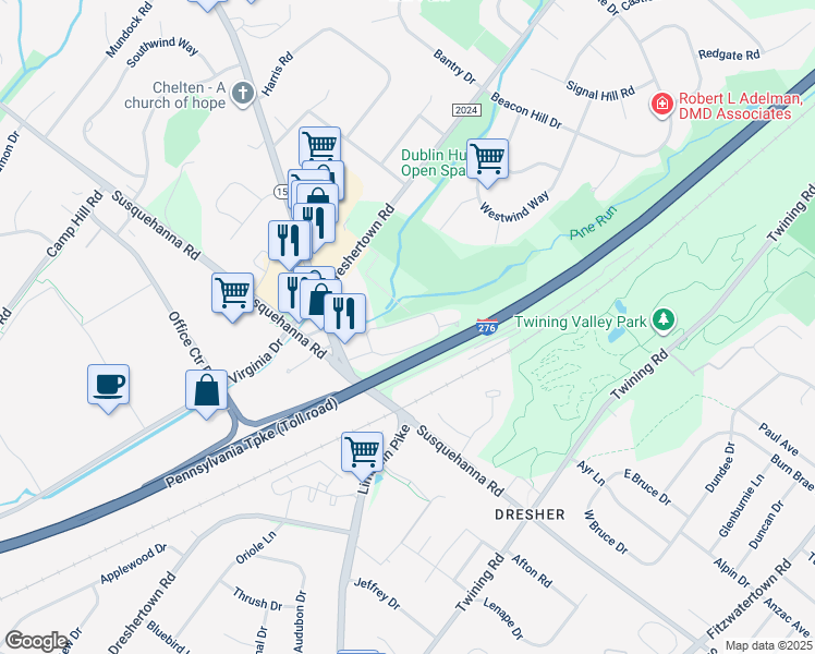 map of restaurants, bars, coffee shops, grocery stores, and more near 403 Dresher Woods Drive in Dresher