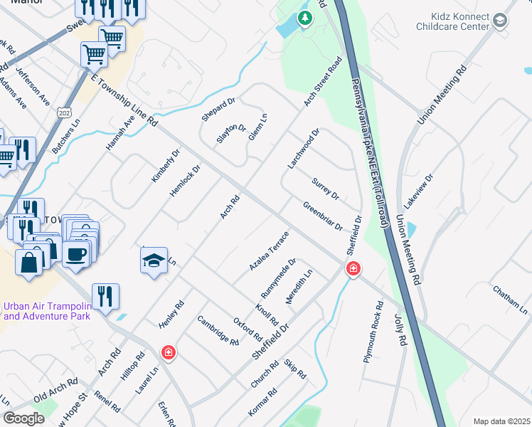 map of restaurants, bars, coffee shops, grocery stores, and more near 3021 Oakwood Drive in Plymouth Meeting