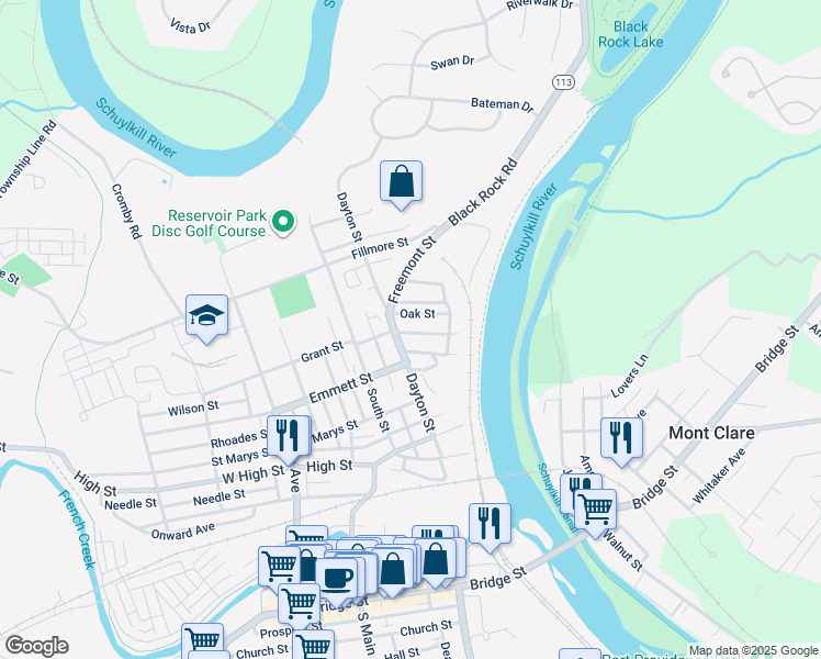 map of restaurants, bars, coffee shops, grocery stores, and more near 47 Grant Street in Phoenixville