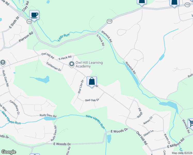 map of restaurants, bars, coffee shops, grocery stores, and more near 3 Owl Hill Road in Lititz