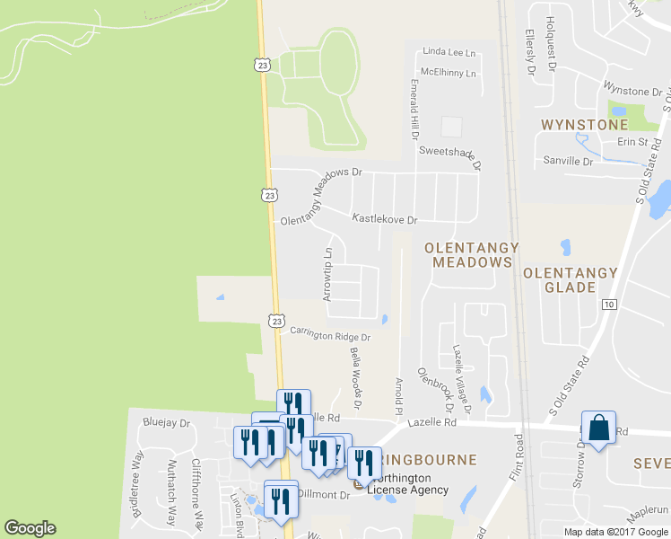 map of restaurants, bars, coffee shops, grocery stores, and more near 105 Feathertip Lane in Lewis Center