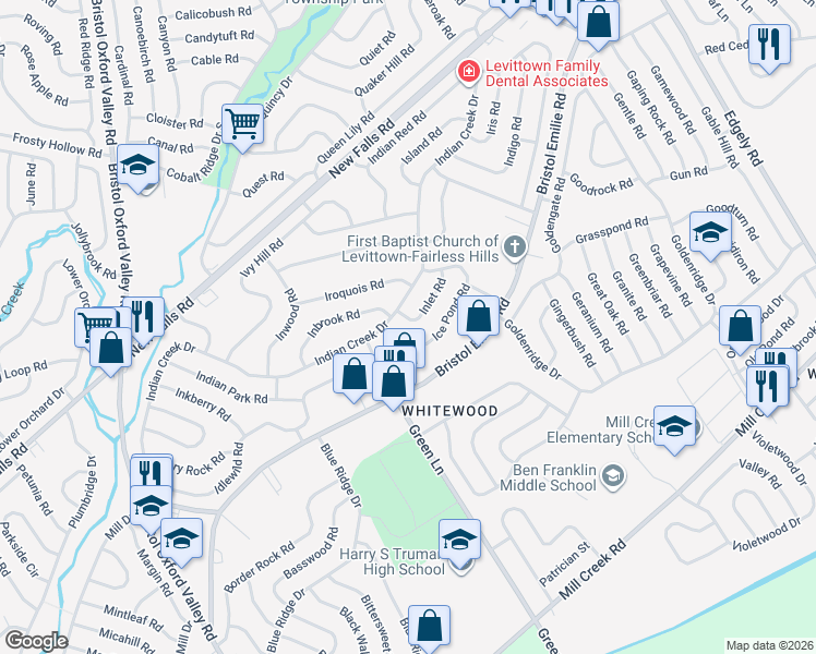 map of restaurants, bars, coffee shops, grocery stores, and more near 17 Ice Pond Road in Levittown