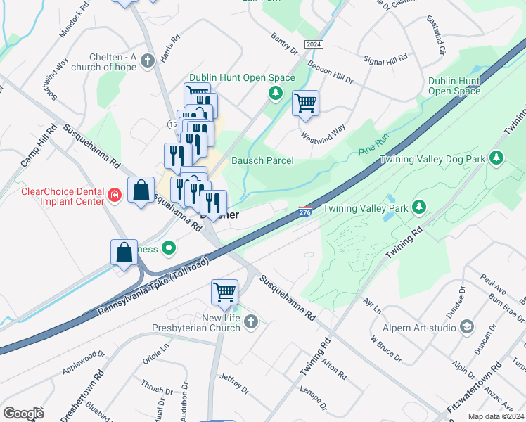 map of restaurants, bars, coffee shops, grocery stores, and more near 416 Dresher Woods Drive in Dresher