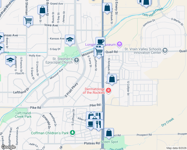 map of restaurants, bars, coffee shops, grocery stores, and more near 1364 South Coffman Street in Longmont