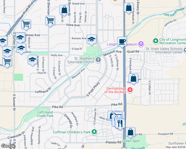 map of restaurants, bars, coffee shops, grocery stores, and more near 11 James Circle in Longmont