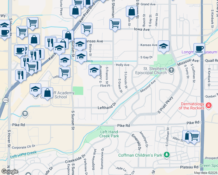 map of restaurants, bars, coffee shops, grocery stores, and more near 1425 South Sherman Street in Longmont