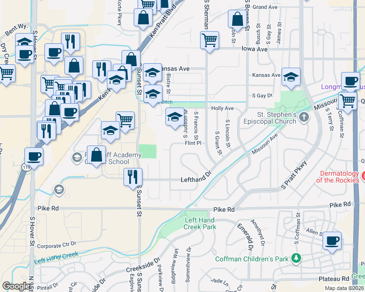 map of restaurants, bars, coffee shops, grocery stores, and more near 1459 Mayfield Circle in Longmont