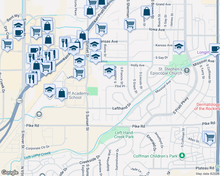 map of restaurants, bars, coffee shops, grocery stores, and more near 1502 South Vivian Street in Longmont