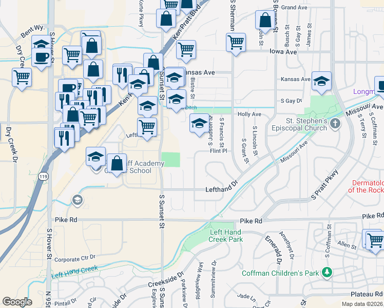 map of restaurants, bars, coffee shops, grocery stores, and more near 1502 South Vivian Street in Longmont