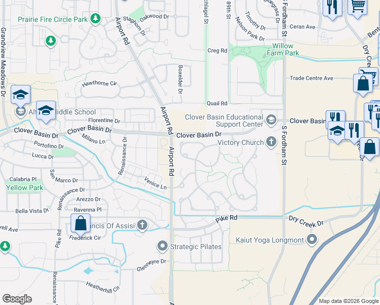 map of restaurants, bars, coffee shops, grocery stores, and more near 3681 Sunflower Circle in Longmont