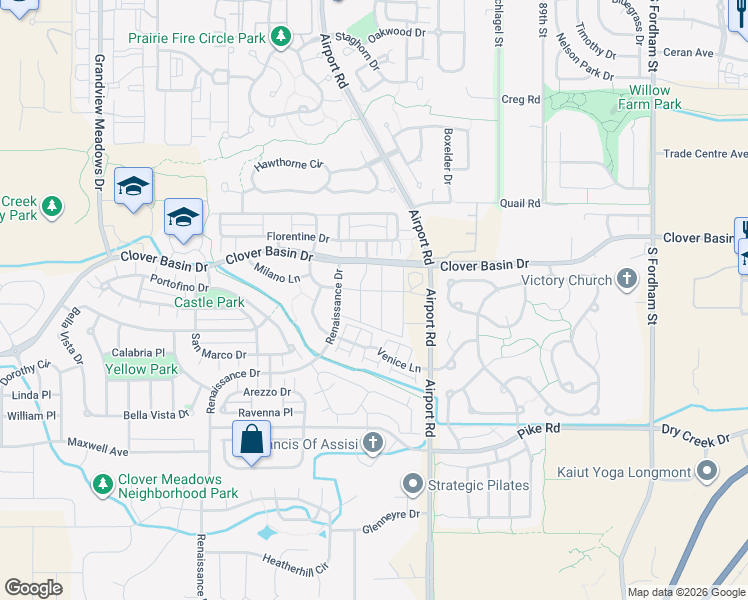 map of restaurants, bars, coffee shops, grocery stores, and more near 1532 Renaissance Drive in Longmont