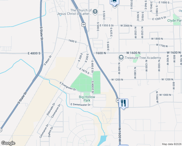 map of restaurants, bars, coffee shops, grocery stores, and more near 1888 South 400 East in Springville