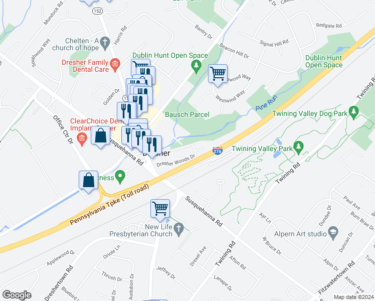 map of restaurants, bars, coffee shops, grocery stores, and more near 416 Dresher Woods Drive in Dresher